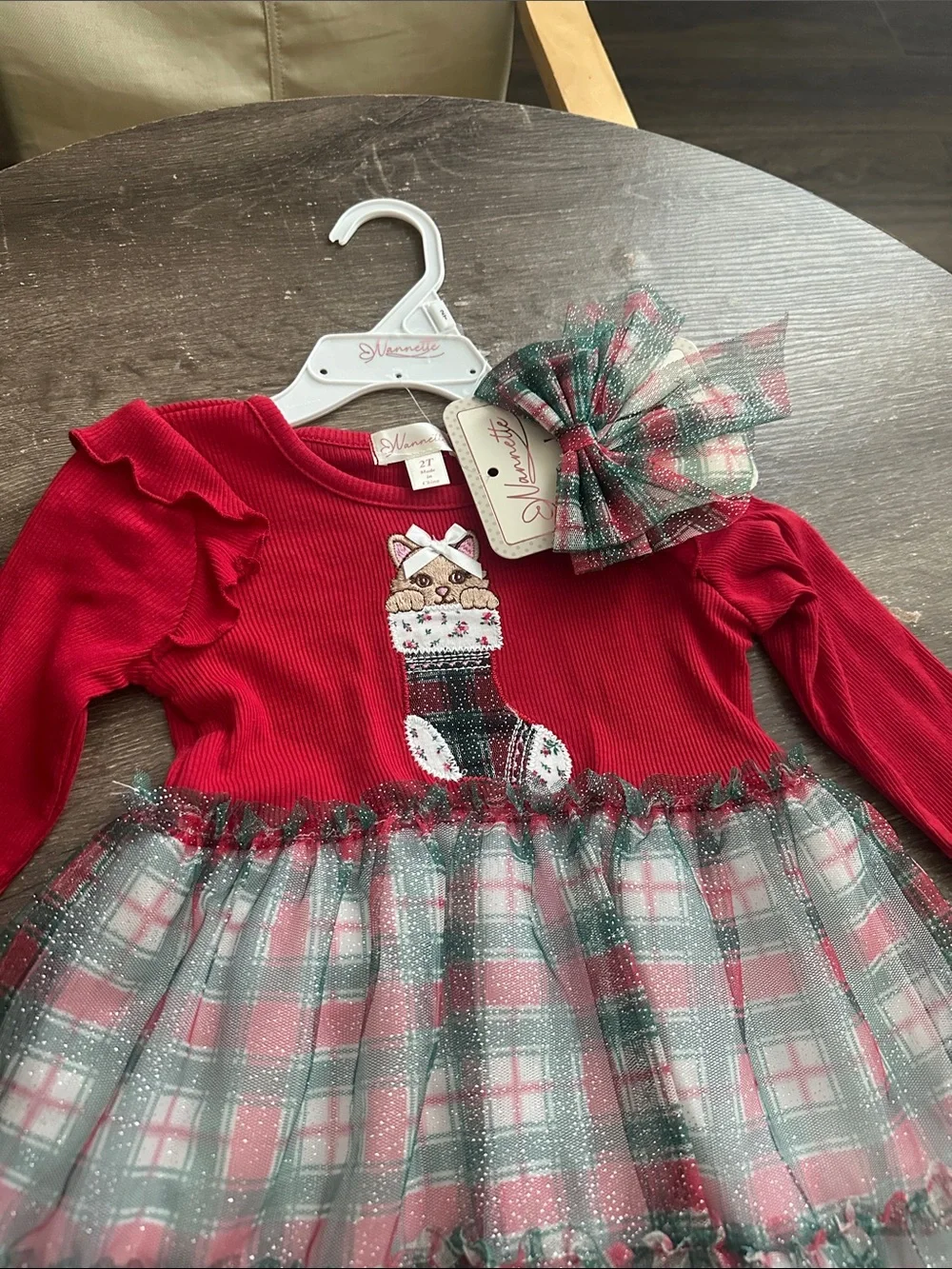 Nannette Red Plaid Tulle Cat Stocking Dress with Bow